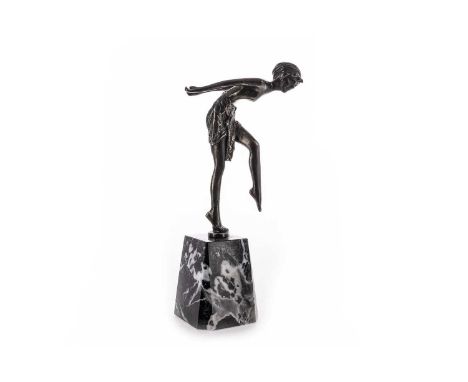 ART DECO BRONZED FIGURE IN THE MANNER OF JOSEF LORENZL,modelled as a semi-clad dancer, on tapered hardstone base, 27cm high