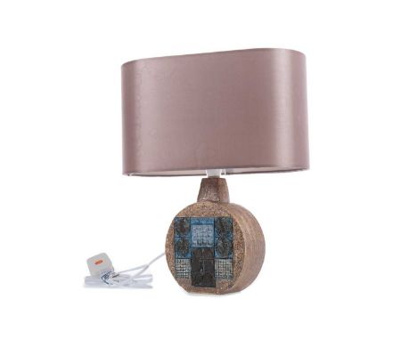 ALISON BRIGDEN FOR TROIKA POTTERY, WHEEL LAMP BASE,with geometric decoration on blue, teal and brown grounds, signed Troika A