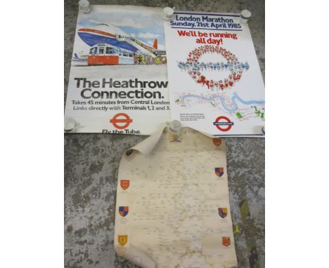 Three vintage posters advertising The Heathrow Connection tube line, The 1985 London marathon, underground and Royalty of Eng