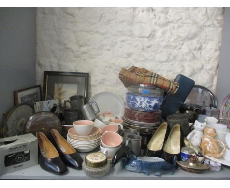 A mixed lot to include vintage china, two pairs of ladies vintage shoes, prints, a Rollei camera, glassware and a mid 20th ce