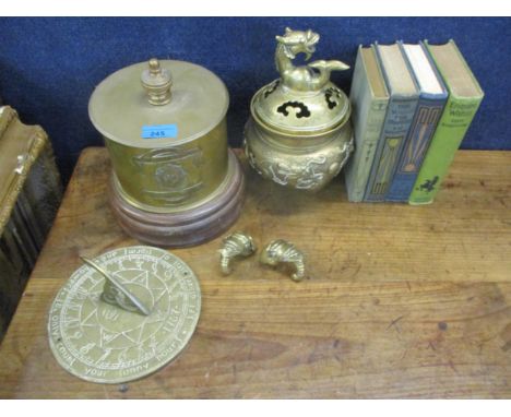 A small quantity of brassware to include an Oriental incense pot with lid, and a sundial, together with a small quantity of b