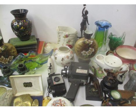 A mixed lot to include circa 1900 a painted wine glass, reproduction scrimshaw, books, projector, boxed collectors plates, Vi