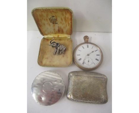 A silver snuff box, a silver compact, a gold plated watch and a costume brooch 