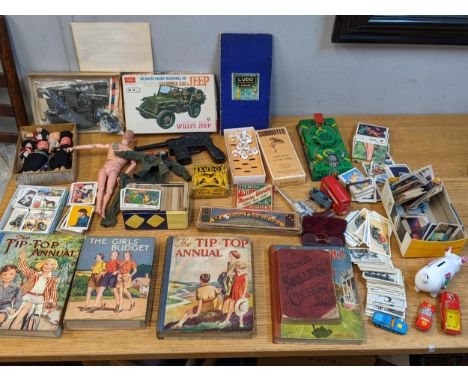 Vintage toys to include a Commando Action Man 34009, early 20th century girls books, a Nitto Willys Jeep model kit, an A M me