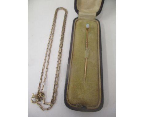 A 9ct gold necklace with rectangular links, and a 9ct gold stick pin set with an opal 4g 