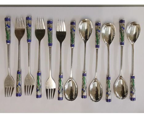 A set of twelve Korean silver fruit forks and spoons with enamelled handles, 245g, Location: CAB 