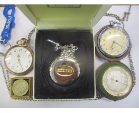 Three pocket watches, together with a cased pocket compass and a For Loyal Service badge 