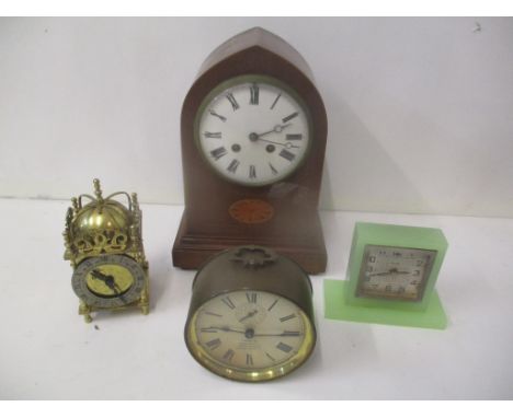 Clocks to include an Edwardian inlaid mahogany cased mantel clock, a lantern clock and two others 