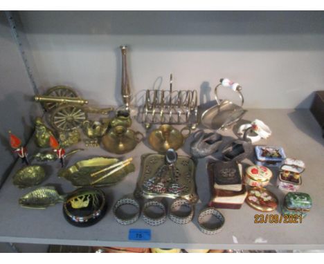 A miscellaneous lot to include Limoges scent bottle box, brassware, leather bound common prayer book with silver clad front A