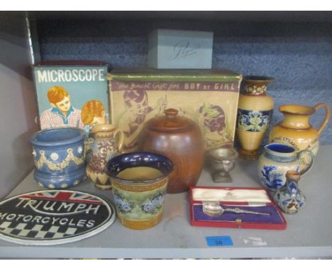 A mixed lot to include an American Flyer typewriter, microscope, Doulton Lambeth pottery, a cased 1937 silver Coronation spoo