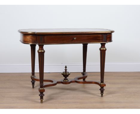 AN 19TH CENTURY FRENCH BRASS INLAID MAHOGANY ROUNDED RECTANGULAR SINGLE DRAWER CENTRE TABLEOn fluted supports, 110cm wide; 66