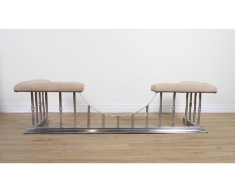 A STEEL FINISHED METAL CLUB FENDERModern  With cream suede upholstered corner seats, 212.5cm wide; 64cm deep; 2cm high; Inter