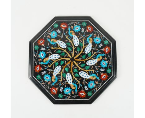 AN INDIAN OCTAGONAL HARDSTONE INLAID MARBLE OCTAGONAL TABLE TOPModern Decorated with peacocks, inlays include malachite and m