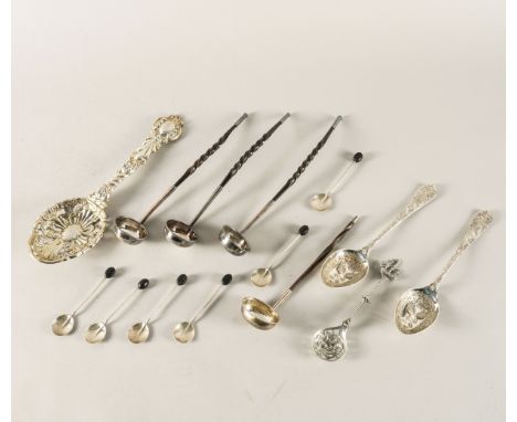 A GROUP OF SILVER, FOREIGN AND PLATED WARES (14)Comprising; a large decorative spoon, having pierced decoration to the shaped