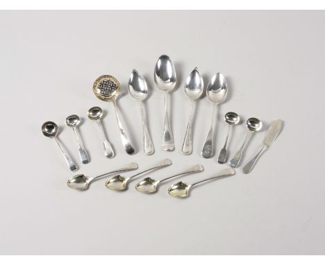 A GROUP OF SILVER TABLE FLATWARE (15)Including; a pair of spoons, Sheffield 1914, a bottom marked tablespoon, crest and motto