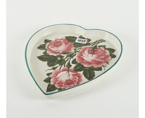 A WEMYSS POTTERY HEART-SHAPED TRAYCirca 1900 Painted with pink cabbage roses beneath a green line rim, impressed Wemyss Ware 