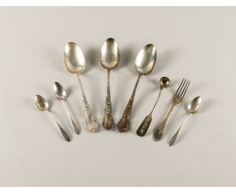 A GROUP OF STERLING AND PROBABLY AMERICAN WARES (8)Comprising; three tablespoons, having beaded decoration, three teaspoons, 