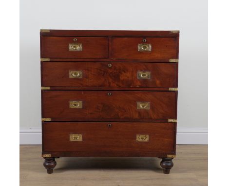 A CAMPAIGN STYLE BRASS BOUND MAHOGANY FIVE DRAWER CHESTOn bun feet, 97cm wide; 44cm deep; 106cm highGood overall condition so