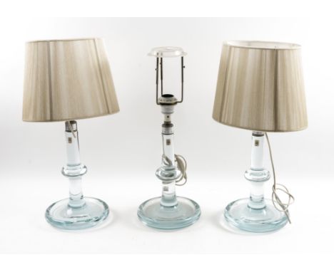 THREE DANISH HOLMEGAARD GLASS TABLE LAMPS (3)Modern Modelled as knopped candlesticks with manufacturer’s label, 34cm high (ex