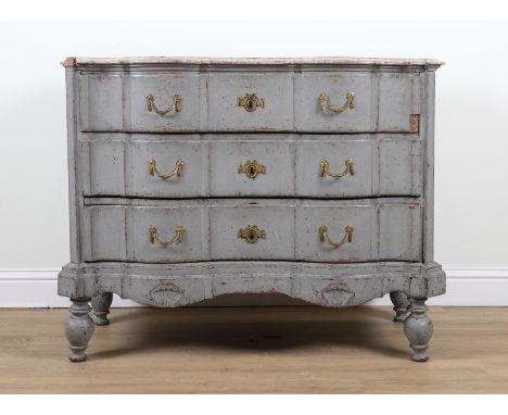 A LATE 18TH/ EARLY 19TH CENTURY CONTINENTAL SERPENTINE THREE DRAWER COMMODEWith later polychrome paint; 125cm wide; 62cm deep