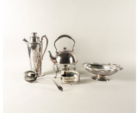 A GROUP OF PLATED WARES (7)Comprising; a spirit kettle, stand and burner, a shaped oval cake basket, a soup ladle, a cocktail