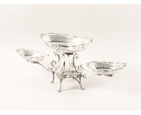 A SILVER TABLE CENTREPIECE EPERGNEFitted with one larger and two smaller detachable baskets, each with pierced decoration wit