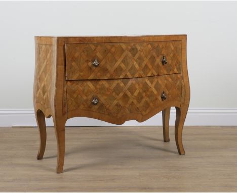 A 19TH CENTURY CONTINENTAL PARQUETRY INLAID FRUITWOOD BOMBE TWO DRAWER COMMODE98cm wide; 41cm deep; 81cm highSections of parq