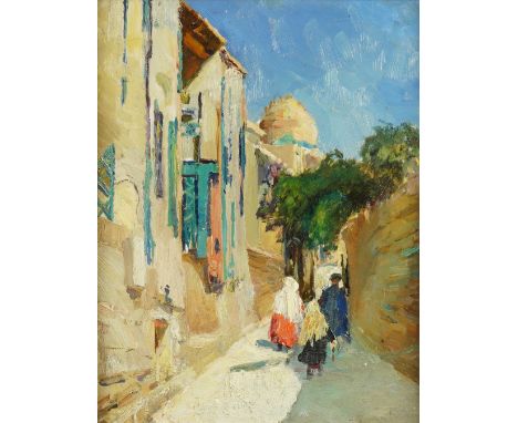 RUSSIAN SCHOOL, 20TH CENTURYStreet scene inscribed in Cyrillic and dated '1954' (verso) oil on board 44 x 35cmCondition repor