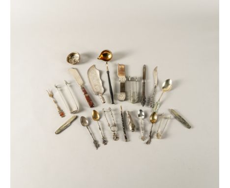 A GROUP OF FOREIGN AND PLATED WARES (QTY)To include; four pairs of sugar tongs, a pickle fork, two folding pocket knvies, a l