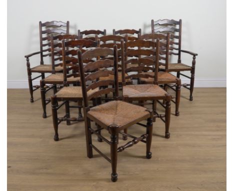 A SET OF TEN LANCASHIRE LADDER BACK CHAIRS (10)To include a pair of carvers, 55cm wide; 108cm highSome marks and scratches pr