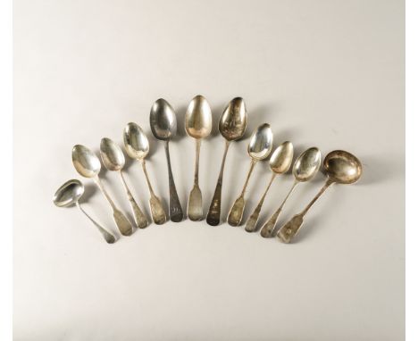 A GROUP OF SILVER AND PLATED TABLE FLATWARE (11)Comprising; two Old English pattern tablespoons, a fiddle pattern tablespoon,