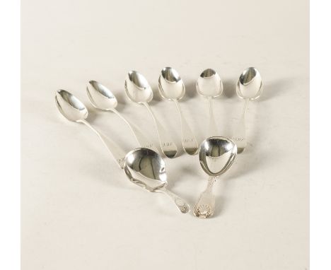A GEORGE III SET OF SIX SCOTTISH SILVER TEASPOONS AND TWO SILVER CADDY SPOONS (8)The Old English pattern teaspoons monogram e
