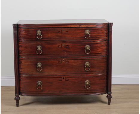 A REGENCY INLAID MAHOGANY BOWFRONT FOUR DRAWER CHESTWith out stepped reeded columns, 122cm wide; 57cm deep; 105cm highGood ov