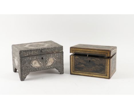 A 19TH CENTURY CHINESE EXPORT BLACK LACQUER CHINOISERIE DECORATED TEA CADDY (2)21cm wide; 14cm deep; 14cm high, together with