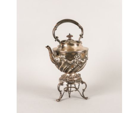 A LATE VICTORIAN SILVER SPIRIT KETTLE AND STANDWith spiral fluted and foliate embossed decoration, with a horn handle and fin