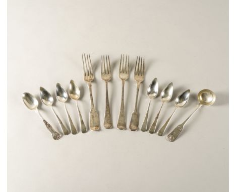 A GROUP OF SILVER TABLE FLATWARE (12)Comprising; a set of six grapefruit spoons, Birmingham 1956, a Scottish toddy ladle, a S