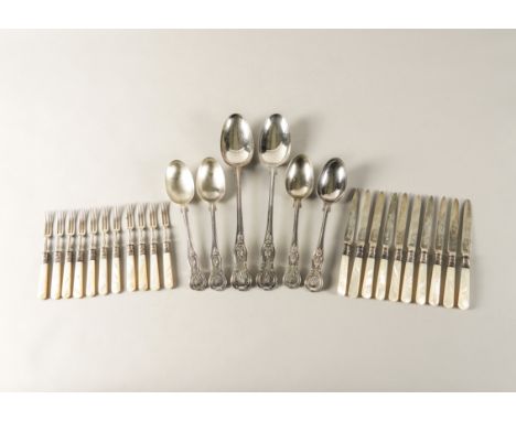 A PART SET OF SILVER AND MOTHER-OF-PEARL DESSERT OR FRUIT KNIVES AND FORKS AND SIX FURTHER ITEMSComprising; ten knives with s