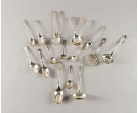 A PAIR OF SILVER SPOONS AND A QUANTITY OF FOREIGN AND PLATED TABLE FLATWARETo include; the pair of spoons Birmingham probably