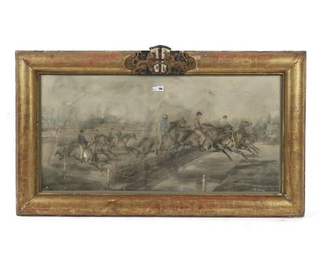 A VICTORIAN RECTANGULAR FRAMEWith polychrome painted heraldic crest and split turned gilt frame, 124cm wide; 74cm highSome lo
