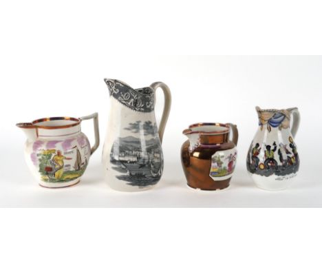 FOUR BRITISH EARTHENWARE JUGS (4)19th century Comprising; a pink lustre jug, printed and coloured with `Hope, Success To Trad