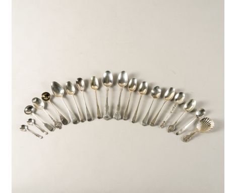 A GROUP OF SILVER SPOONS (19)Comprising; a caddy spoon, having a shell form bowl, Sheffield 1913, a pair of salt spoons, Lond