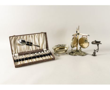 A PLATED DINNER GONG AND THREE FURTHER ITEMS (4)The twin dinner gong stand formed as a sign post, detailed Come This Way, wit