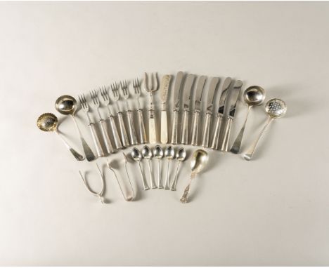 A GROUP OF SILVER, SILVER MOUNTED AND PLATED FLATWARE (26)Comprising; a pair of Old English pattern sauce ladles, London 1937