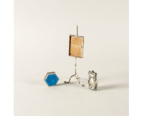 A SILVER AND ENAMELLED HEXAGONAL BOX AND TWO FURTHER ITEMS (3)The box with blue and white enamel decoration, Birmingham 1909,