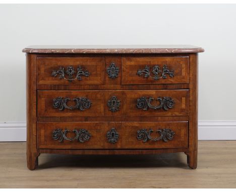 AN 18TH CENTURY FRENCH MARBLE TOP COMMODEWith gilt metal mounted parquetry walnut four drawer base, 117cm wide; 63cm deep; 79