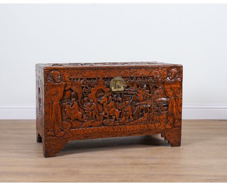 AN EARLY 20TH CENTURY EASTERN EXPORT CARVED CAMPHOR WOOD TRUNK101cm wide; 50cm deep; 60cm high