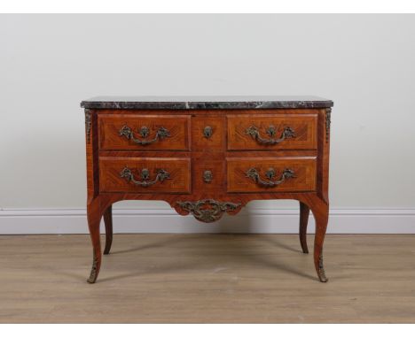 A LOUIS XV STYLE MARBLE TOPPED COMMODEWith five drawer gilt metal mounted kingwood bowfront base, 114cm wide; 52cm deep; 83cm