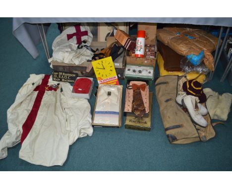 Suitcase Containing Vintage Clothing, Masonic, Cricket Weights, Boxed Shirts, Blankets, etc. 