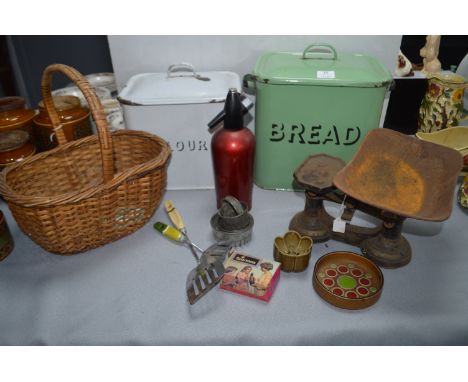 Kitchenalia Including Enamel Bread Bins, Scales, Basket, and Utensils etc. 