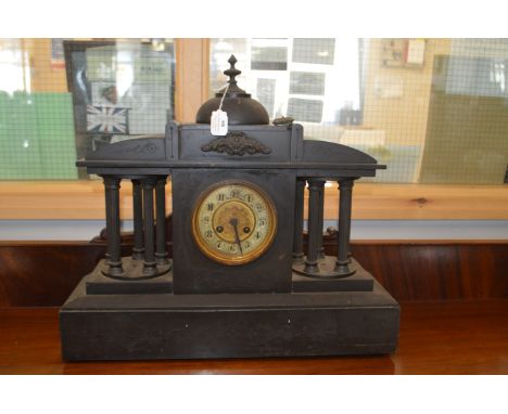 Large Slate Mantel Clock with Classical Columns and Brass Face 